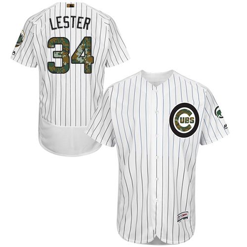 Cubs #34 Jon Lester White(Blue Strip) Flexbase Authentic Collection Memorial Day Stitched MLB Jersey - Click Image to Close